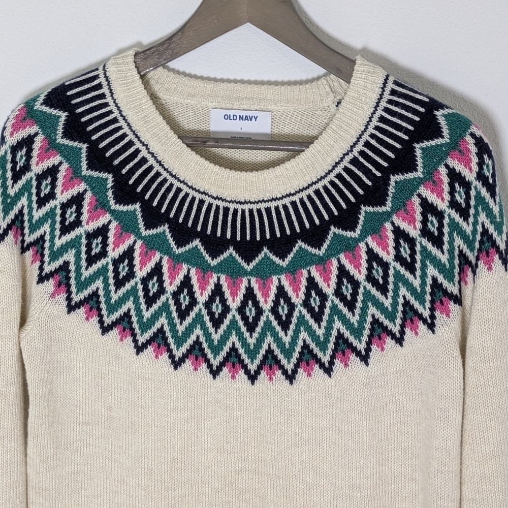 Old Navy NEW Women eggshell-white black pink green Cotton Peacock Sweater Size S - Picture 2 of 9